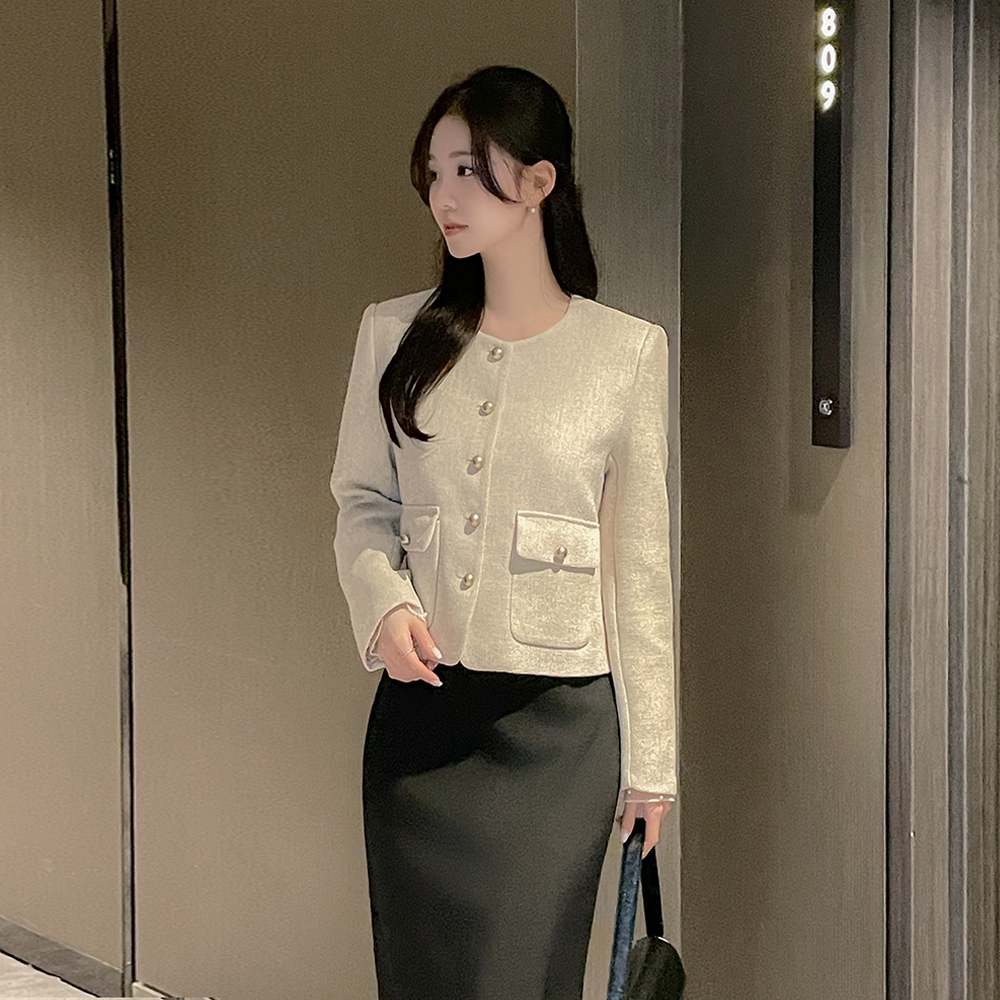 クラシック ラウンドネック ツイード ジャケット