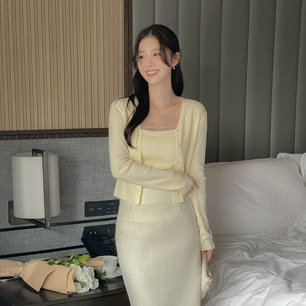 チュール 配色 パッド内蔵 ニット キャップそでなし&カーディガン SET