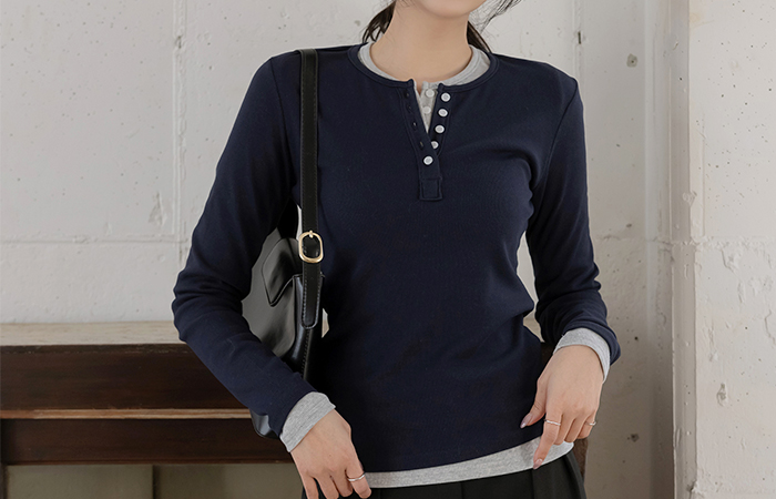 ラウンドネック 반버튼 モダール コール天 ティーシャツ