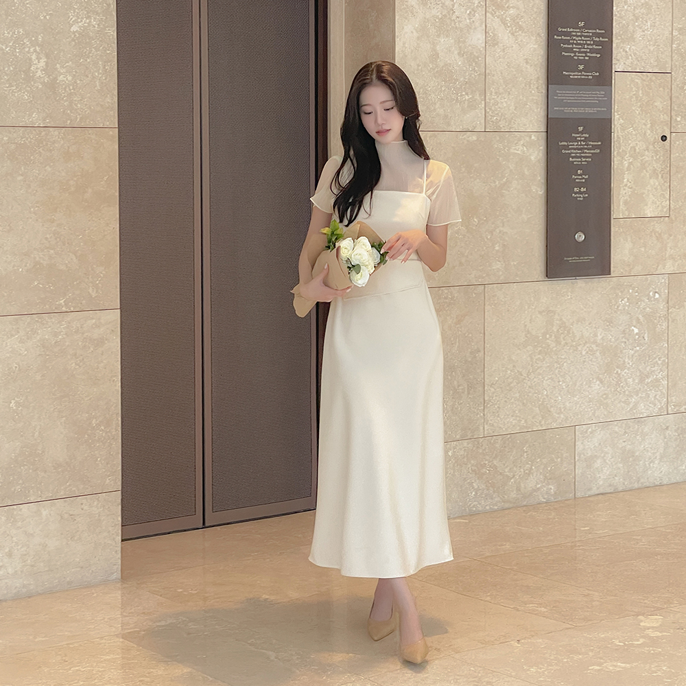 ツーピース スタイル シャーリング キャップそでなし ロング ワンピース