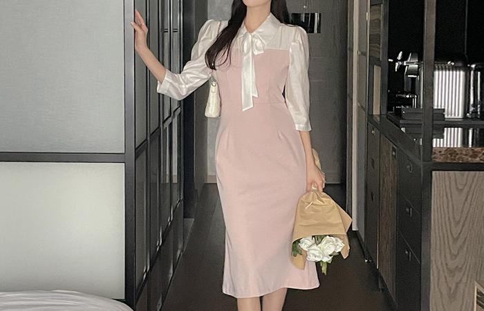 カラー リボン·ネックライン 配色 マーメイド ワンピース