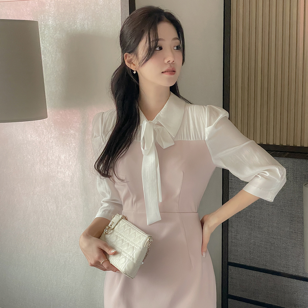 カラー リボン·ネックライン 配色 マーメイド ワンピース