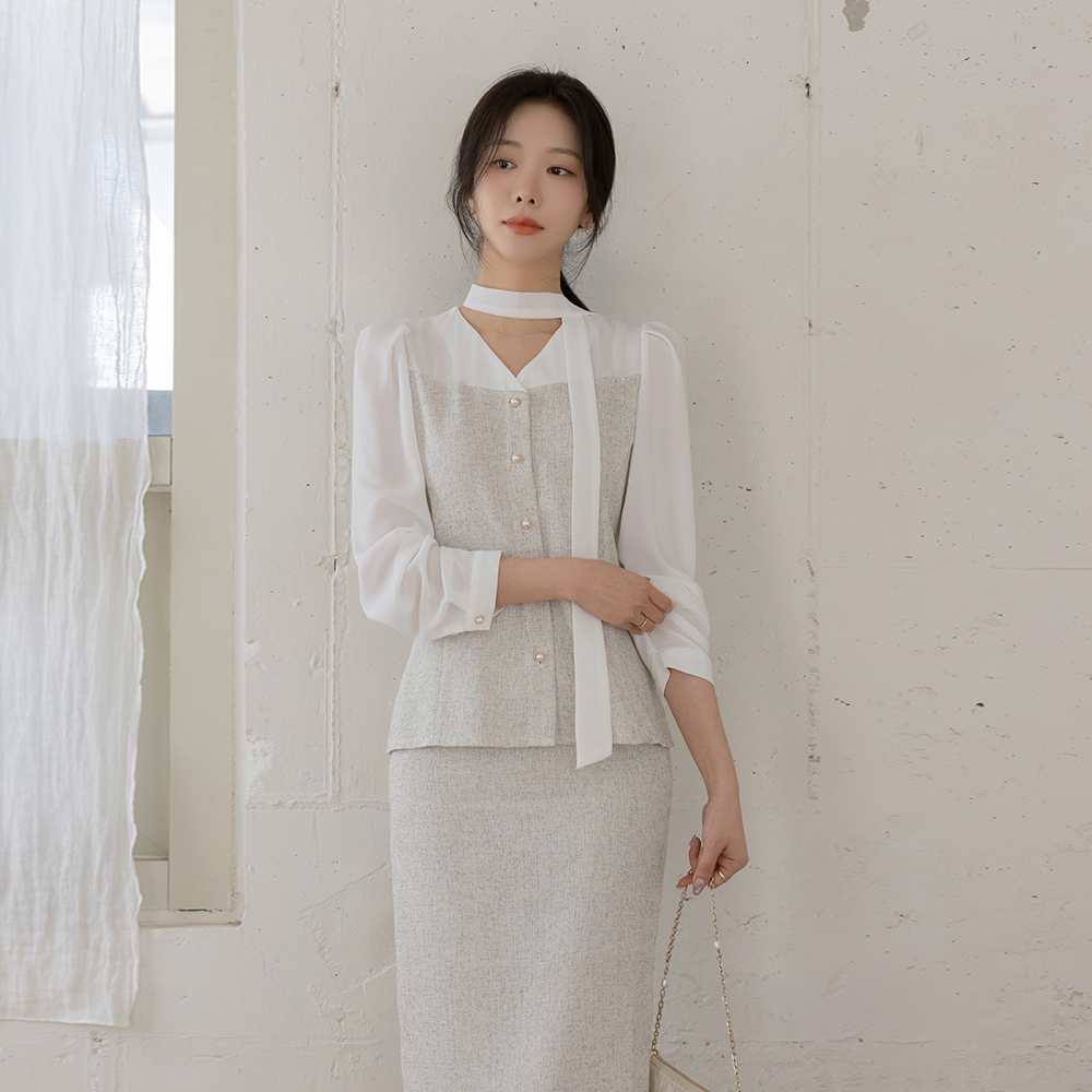 Jenny ツイード 配色 Set-up ブラウス(+スカーフ)