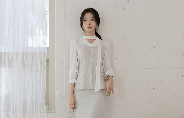 Jenny ツイード 配色 Set-up ブラウス(+スカーフ)