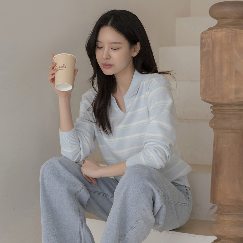 キャンデー カラー 切開ネック ストライプ ニット