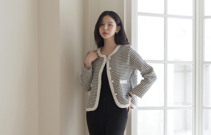 ラウンドネック フリル 配色 ツイード ジャケット