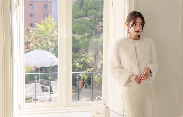 ノーカラー エコファー ショートジャケット