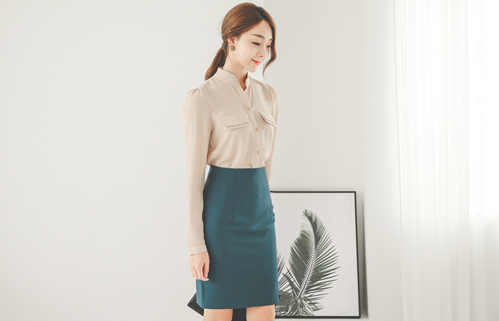 ダブルポケットハーフオープンチャイナブラウス