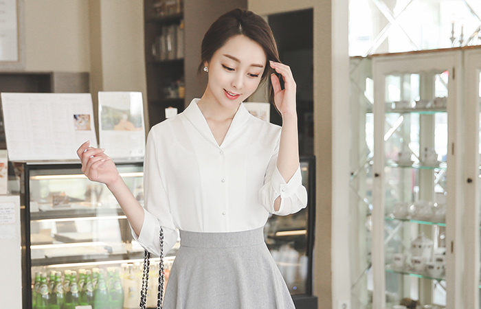 ミニショールカラーパールボタンブラウス（7分袖）