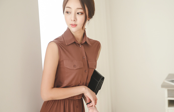 イージーポケットカラーロングワンピース（袖なし）